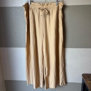 Etam Women’s Large Linen Blend Wide Pants Yellow Khaki Elastic Drawstring Waist